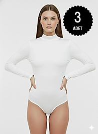 Sıla Sella 205 Viskon Yarım Balıkçı Yaka Uzun Kol Beyaz Body 3'lü Paket