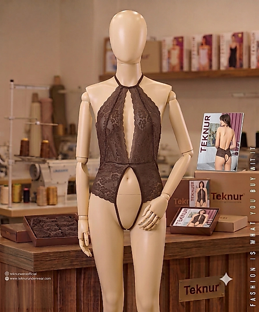 Teknur 7892 Çikolata Kahve Boyundan Askılı Derin Dekolteli Dantel Fantazi Body Standart Beden