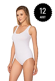 Gümüş 4027 Kadın Likralı Geniş Askı Kancalı Body Beyaz 12 li Paket