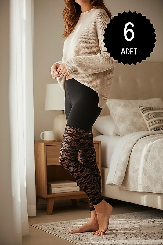 Sıla Sella 119 Kadın Viskon Bacak Güpür Detaylı Uzun Tayt 6'lı Paket