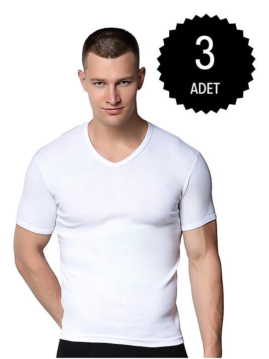 Gümüş 4051 Erkek V Yaka Spor Kollu Fanila Beyaz 3 lü Paket