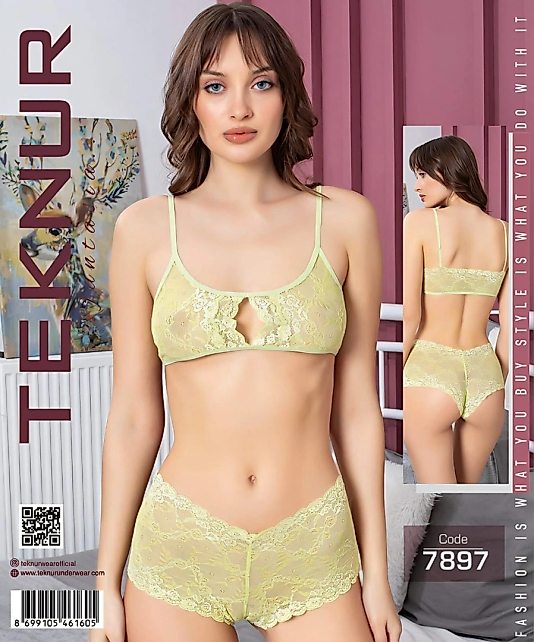 Teknur 7897 Fıstık Yeşili Göğüs Dekolteli Dantel Bralet İkili Takım Standart Beden