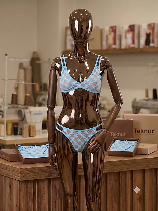 Teknur 7818 Ferah Buz Mavisi Çift Askılı Dantel Bralet Fantazi İkili Takım