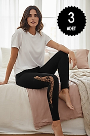 Sıla Sella 137 Kadın Viskon Yanı Güpür Detaylı Siyah Uzun Tayt 3'lü Paket