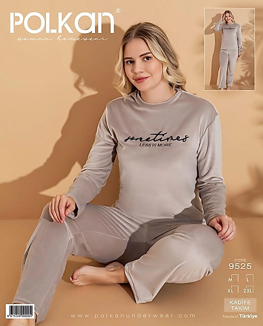 Polkan Fransız Kadife Kadın Pijama Takımı Gri