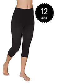 Gümüş 3104 Kadın Likralı Düz Diz Altı Tayt Siyah 12 li Paket