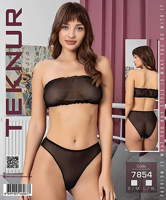 Teknur 7854 Asil Siyah Şeffaf Tül Straplez Fantazi İkili Takım