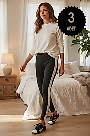 Sıla Sella 105 Kadın Viskon Yanı Beyaz Şerit Detaylı Siyah Uzun Tayt 3'lü Paket