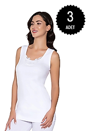 Gümüş 3011 Kadın Ribana ( Likralı) Geniş Askı Güpürlü Atlet Beyaz 3 lü Paket