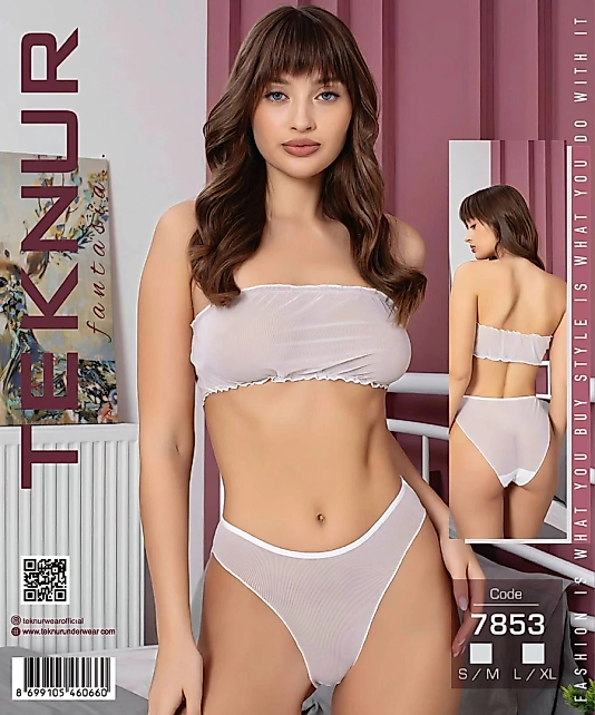 Teknur 7853 Saf Beyaz Şeffaf Tül Straplez Fantazi İkili Takım