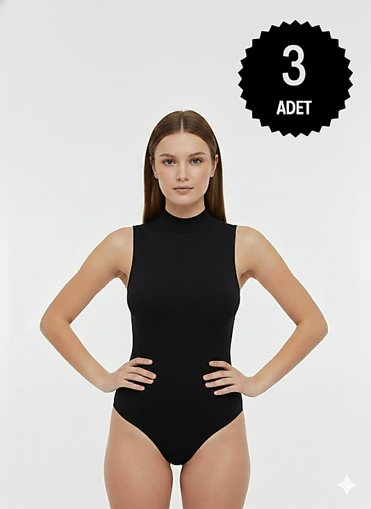 Sıla Sella 206 Viskon  Sıfır Kol Yarım Balıkçı Siyah Body 3'lü Paket