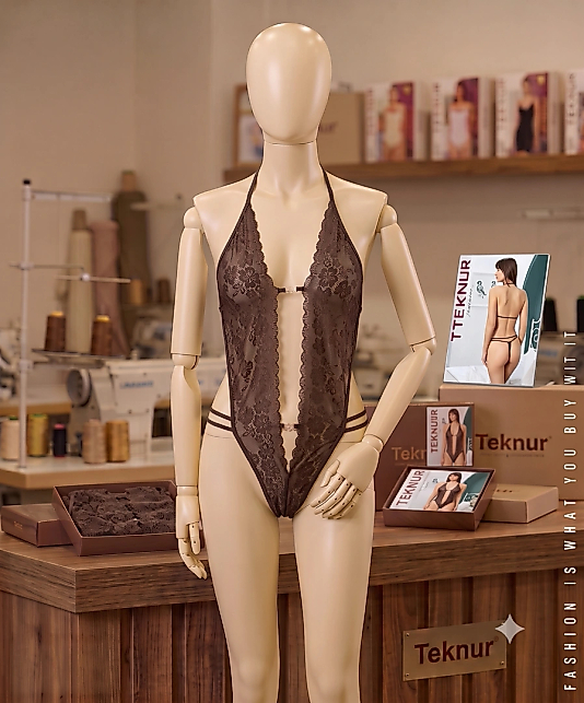 Teknur 7886 Çikolata Kahve Boyundan Bağlamalı Derin Dekolteli Dantel Fantazi Body Standart Beden