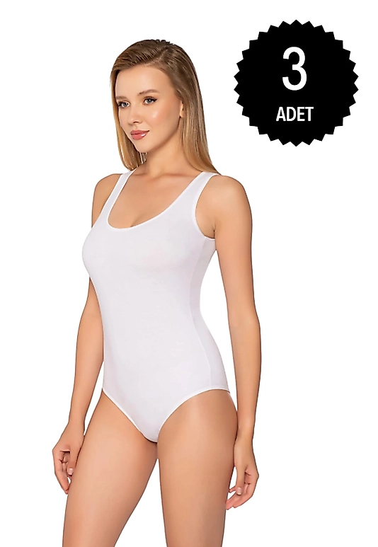 Gümüş 4027 Kadın Likralı Geniş Askı Kancalı Body Beyaz 3 lü Paket