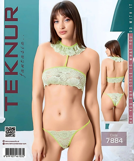 Teknur 7884 Mint Yeşili Neon Şeritli Boyunluklu Dantel Fantazi İkili Takım Standart Beden