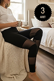 Sıla Sella 124 Kadın Viskon Ara Şifon Detaylı Siyah Uzun Tayt 3'lü Paket