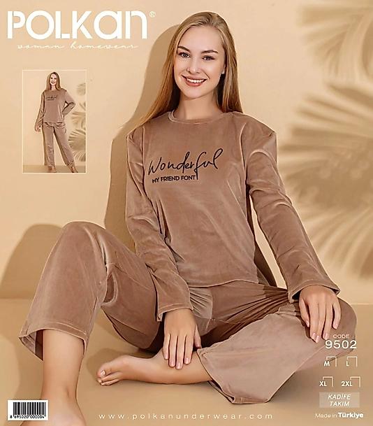 Polkan Fransız Kadife Kadın Pijama Takımı Krem