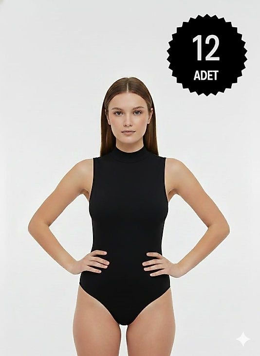 Sıla Sella 206 Viskon  Sıfır Kol Yarım Balıkçı Siyah Body 12'li Paket
