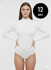 Sıla Sella 205 Viskon Yarım Balıkçı Yaka Uzun Kol Beyaz Body 12'li Paket