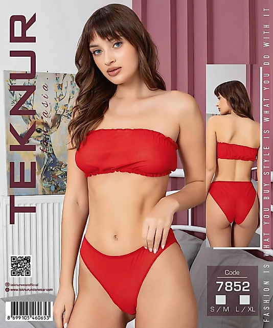 Teknur 7852 Tutku Kırmızısı Şeffaf Tül Straplez Fantazi İkili Takım
