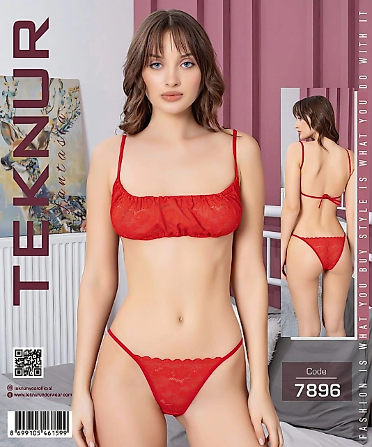 Teknur 7896 Ateş Kırmızısı İnce Askılı Büzgülü Dantel Fantazi Takım Standart Beden