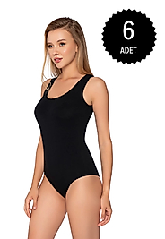 Gümüş 4027 Kadın Likralı Geniş Askı Kancalı Body Siyah 6 lı Paket