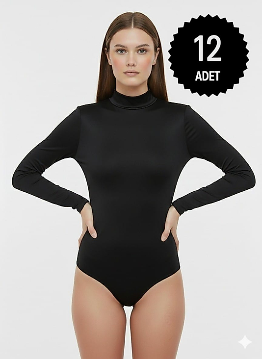 Sıla Sella 205 Viskon Yarım Balıkçı Yaka Uzun Kol Siyah Body 12'li Paket