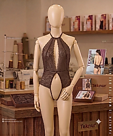 Teknur 7892 Çikolata Kahve Boyundan Askılı Derin Dekolteli Dantel Fantazi Body Standart Beden
