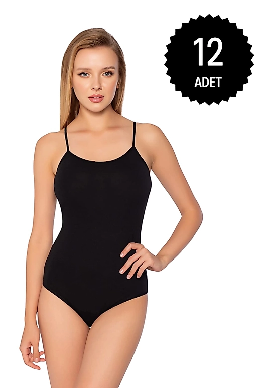 Gümüş 4025 Kadın Likralı İp Askı Kancalı Body Siyah 12 li Paket