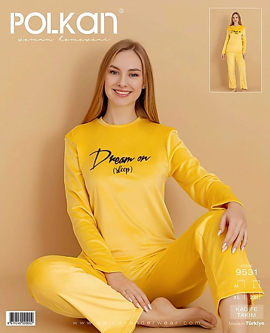 Polkan Fransız Kadife Kadın Pijama Takımı Civciv Sarı
