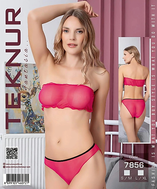 Teknur 7856 Fuşya Siyah Şerit Detaylı Şeffaf Tül Straplez Fantazi İkili Takım