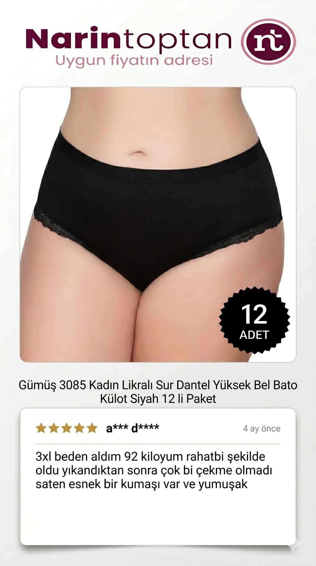 Gümüş 3085 kadın likralı sur dantel yüksek bel bato külot siyah 12 li paket orijinal ürün müşteri yorumu memnuniyeti narin toptan