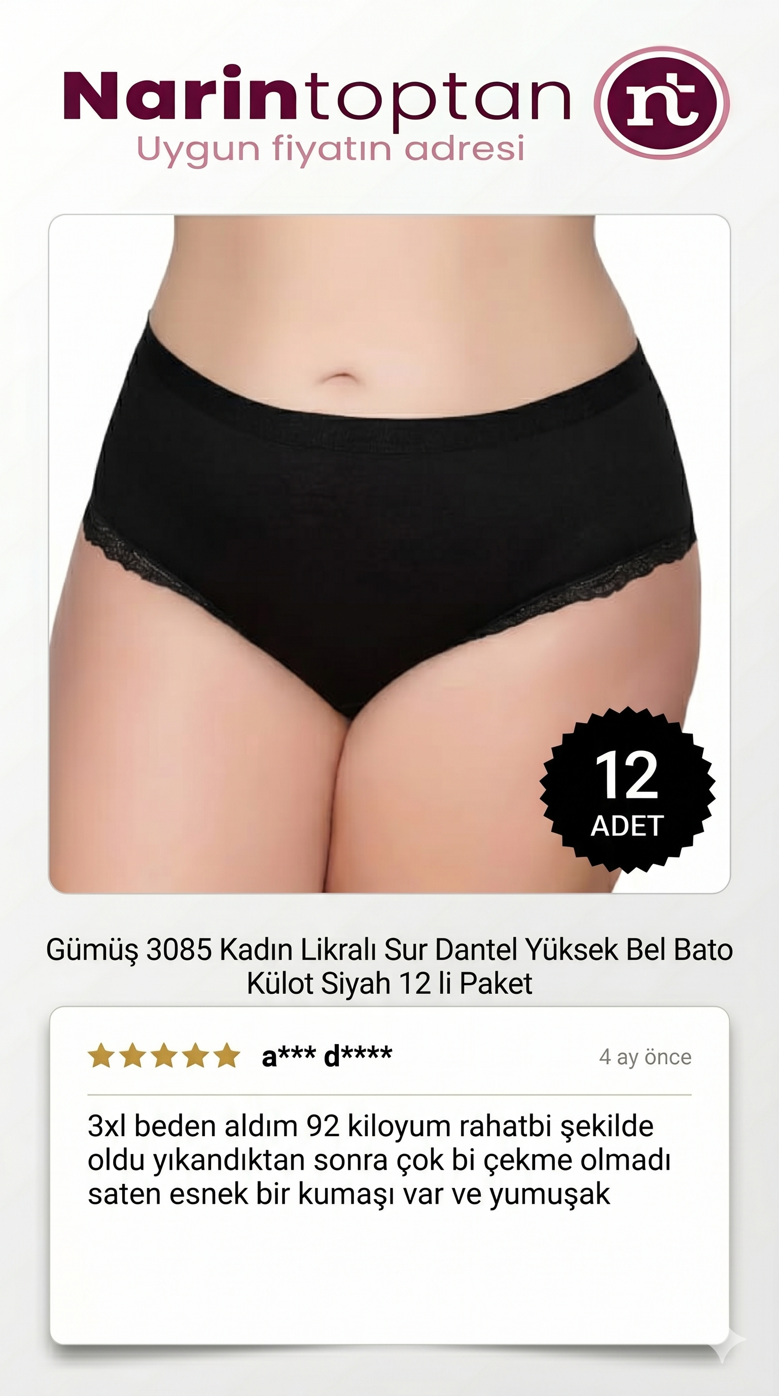 Gümüş 3085 kadın likralı sur dantel yüksek bel bato külot siyah 12 li paket orijinal ürün müşteri yorumu memnuniyeti narin toptan