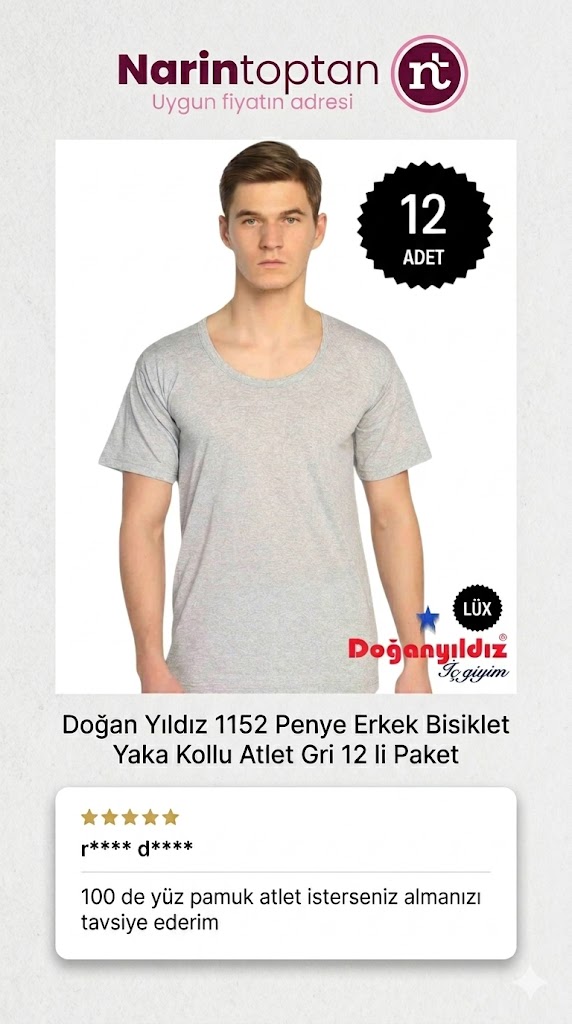 doğan yıldız 1152 penye erkek bisiklet yaka kollu atlet gri 12 li paket orijinal ürün müşteri yorumu narin toptan