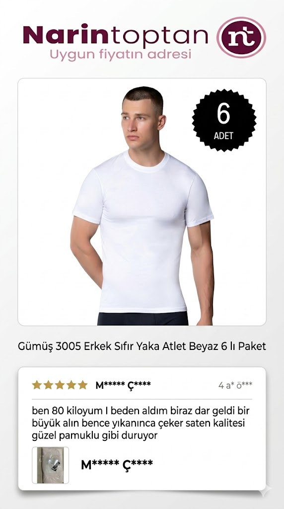 Gümüş 3005 Erkek Sıfır Yaka Atlet Beyaz 6 lı Paket ürünü için M***** Ç**** isimli müşterimizden gelen, ürünün pamuklu kumaş kalitesi ve beden tavsiyesi hakkında 5 yıldızlı orijinal kullanıcı yorumu gö