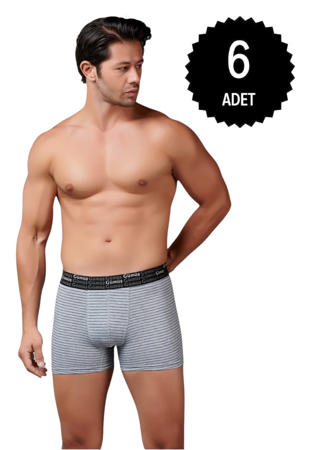 Gümüş 3114 Erkek Likralı Çizgili Boxer Gri 6 lı Paket