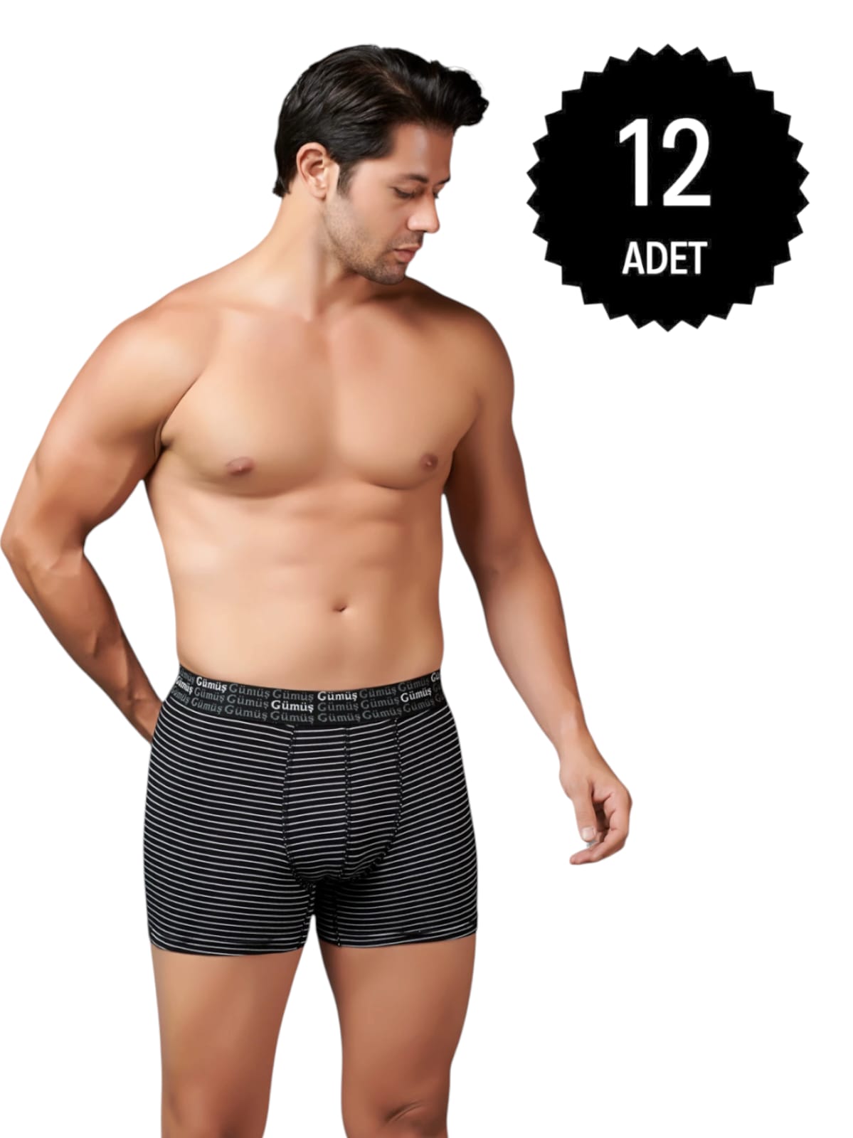 Gümüş 3114 Erkek Likralı Çizgili Boxer Siyah 12 li Paket