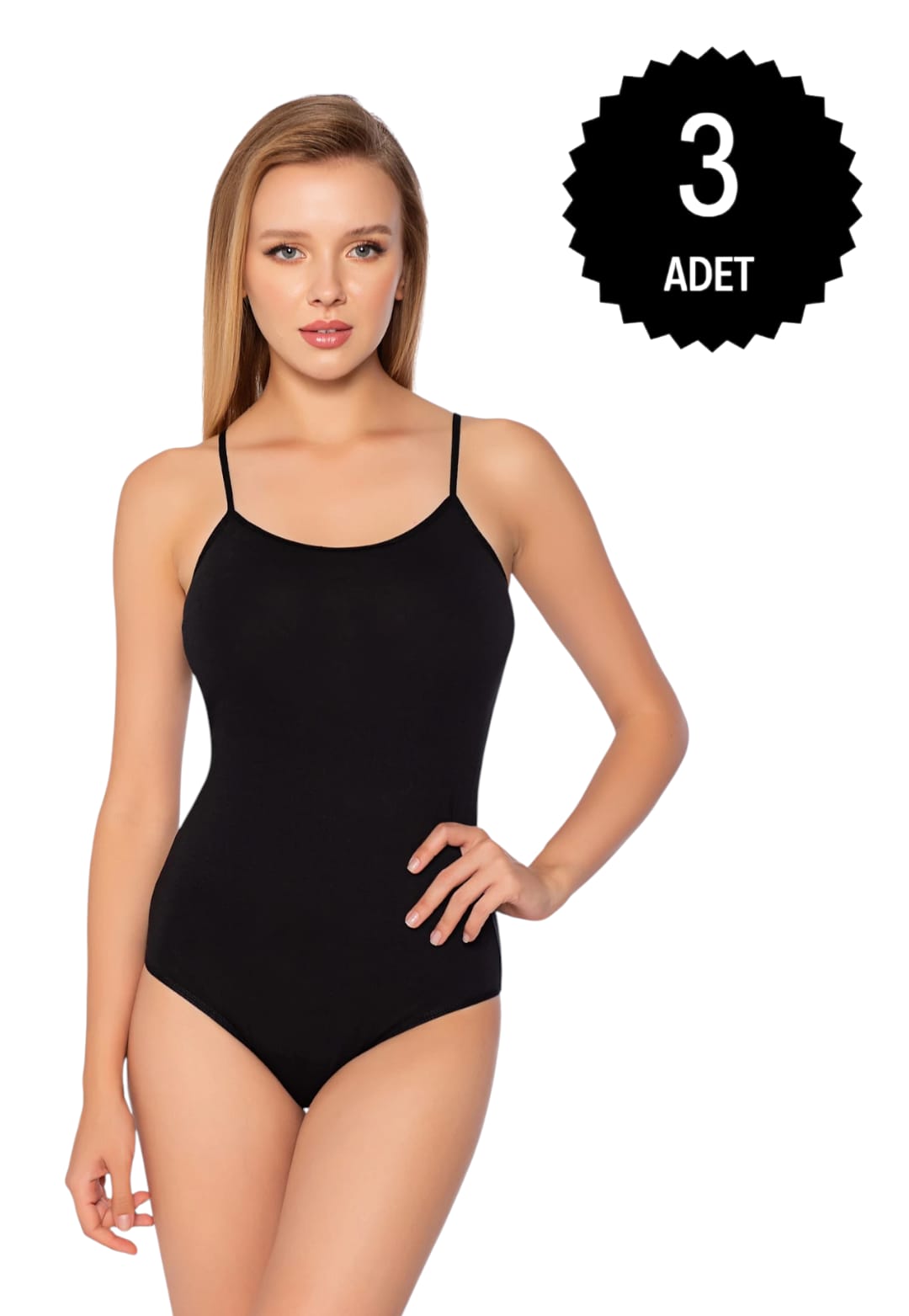 Gümüş 4025 Kadın Likralı İp Askı Kancalı Body Siyah 3 lü Paket