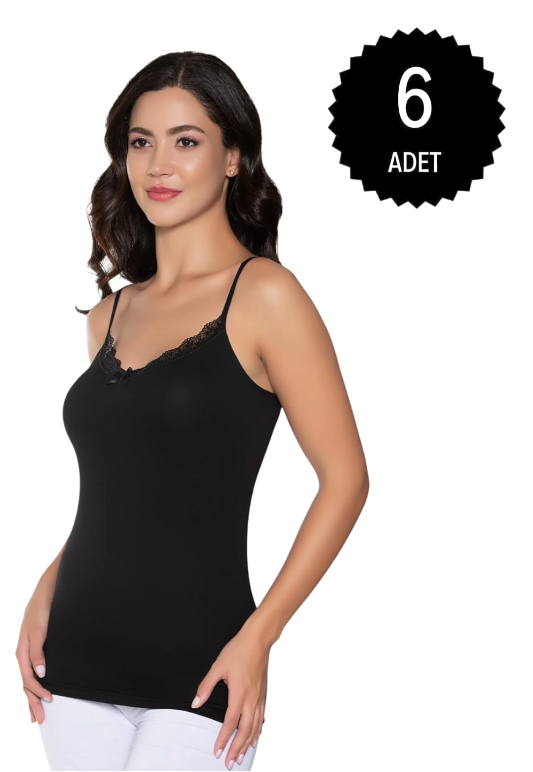 Gümüş 3105 Kadın Likralı İnce Dantelli Atlet Siyah 6 lı Paket