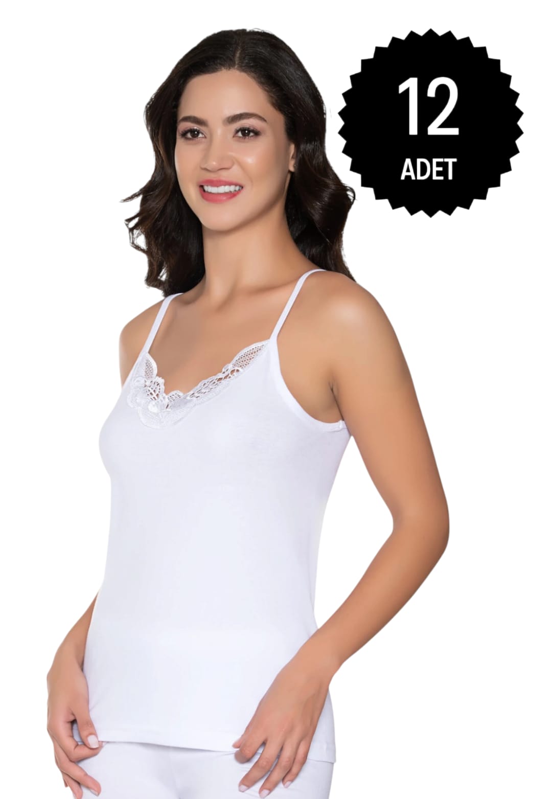 Gümüş 3010 Kadın Ribana (Likralı) İp Askı Güpürlü Atlet Beyaz 12 li Paket