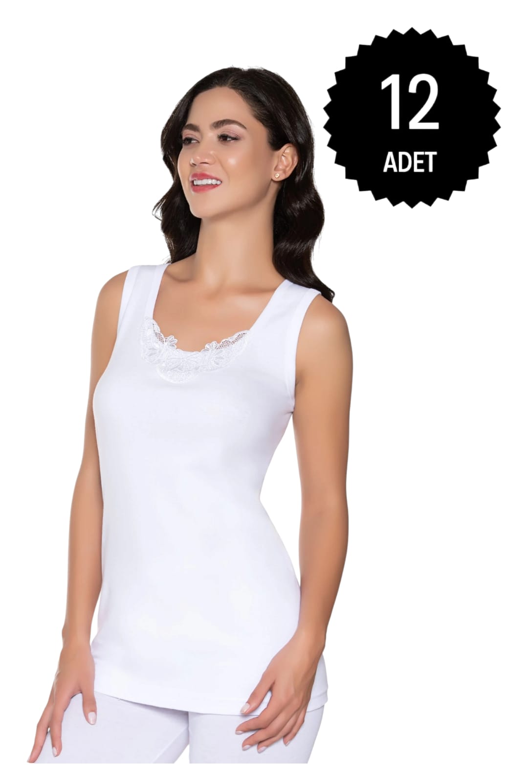 Gümüş 3011 Kadın Ribana ( Likralı) Geniş Askı Güpürlü Atlet Beyaz 12 li Paket