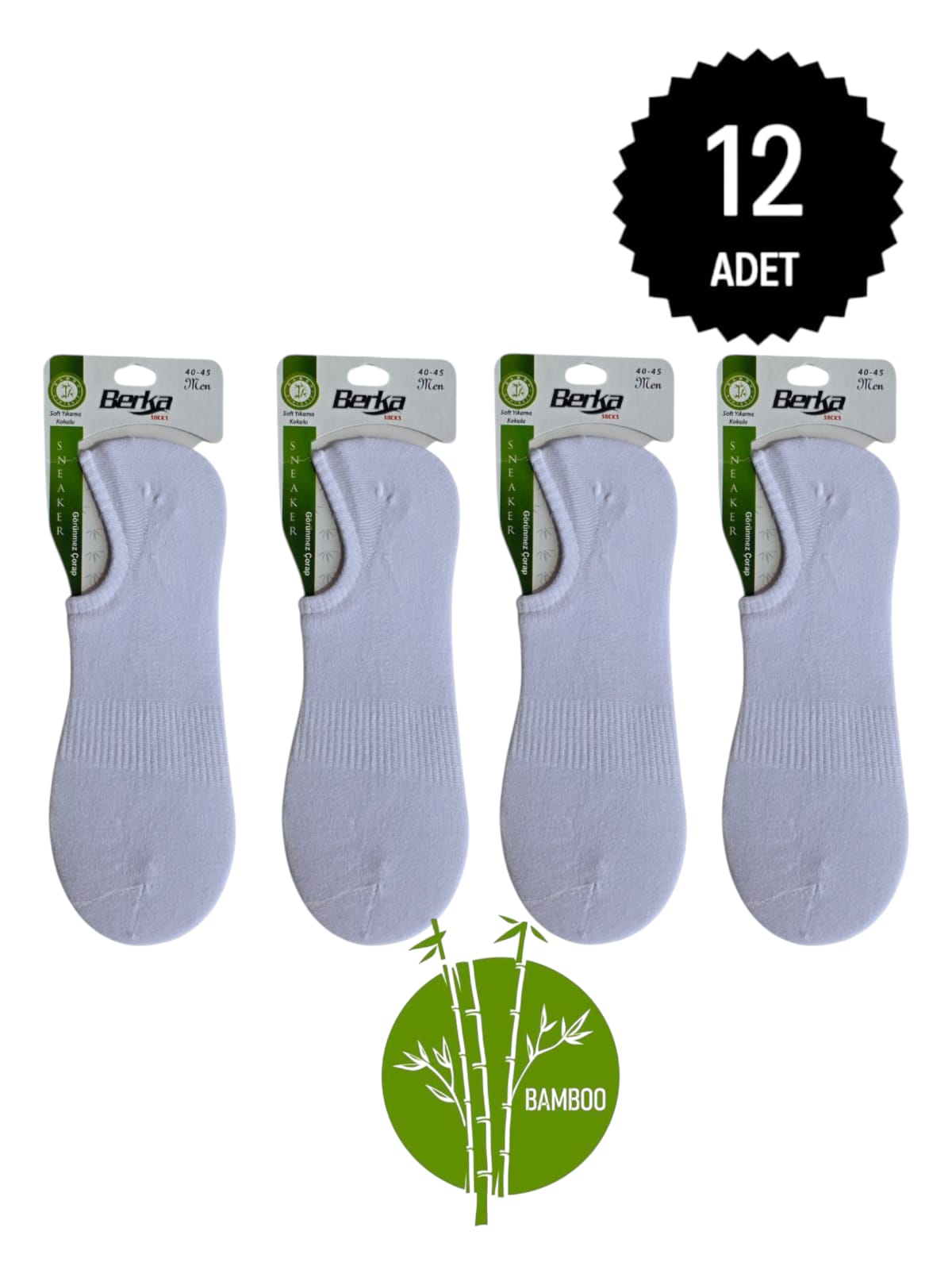 Berka Erkek Bambu Sneakers Çorap Beyaz 12'li Paket 40-44
