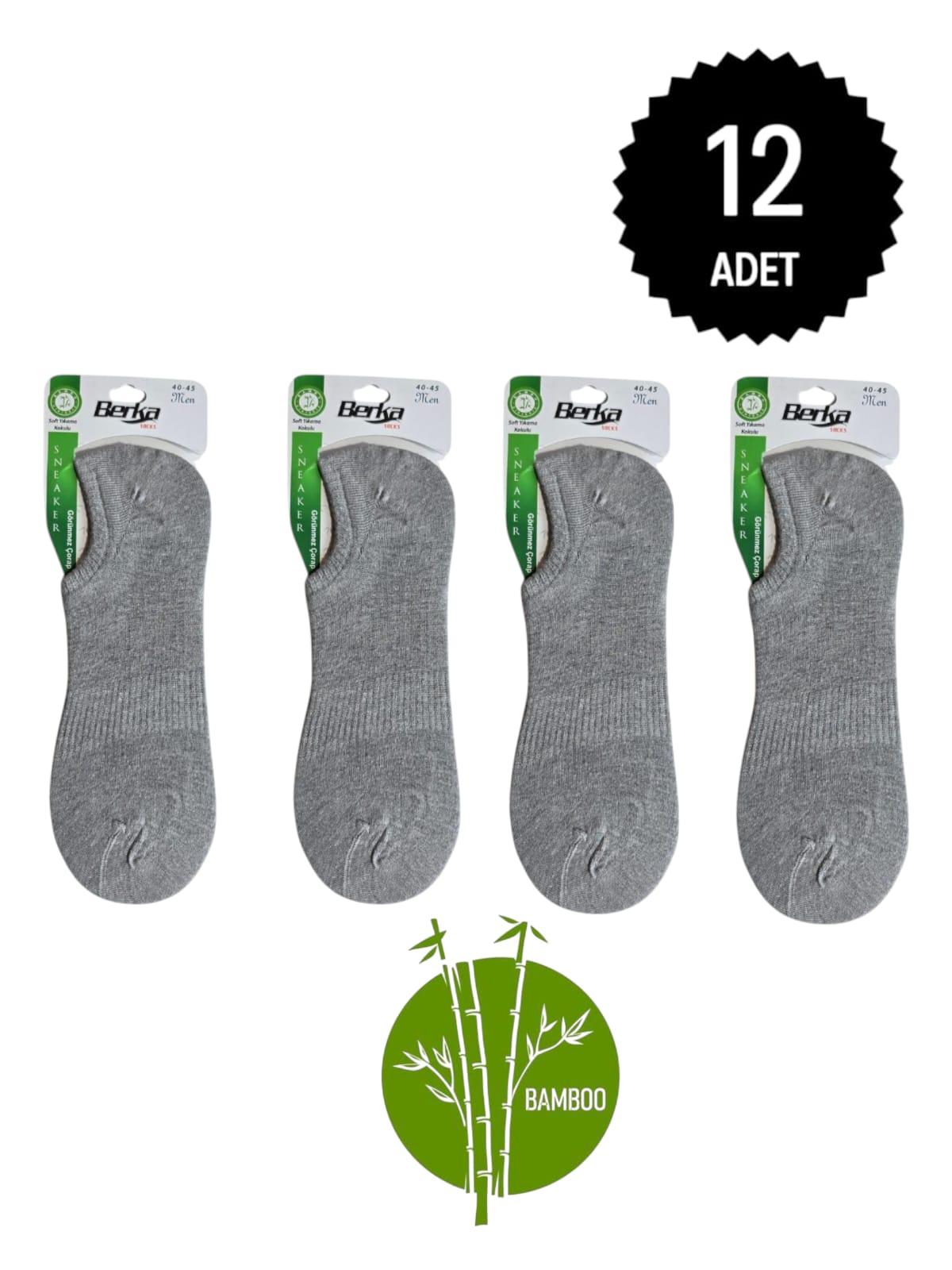Berka Erkek Bambu Sneakers Çorap Gri 12'li Paket 40-44