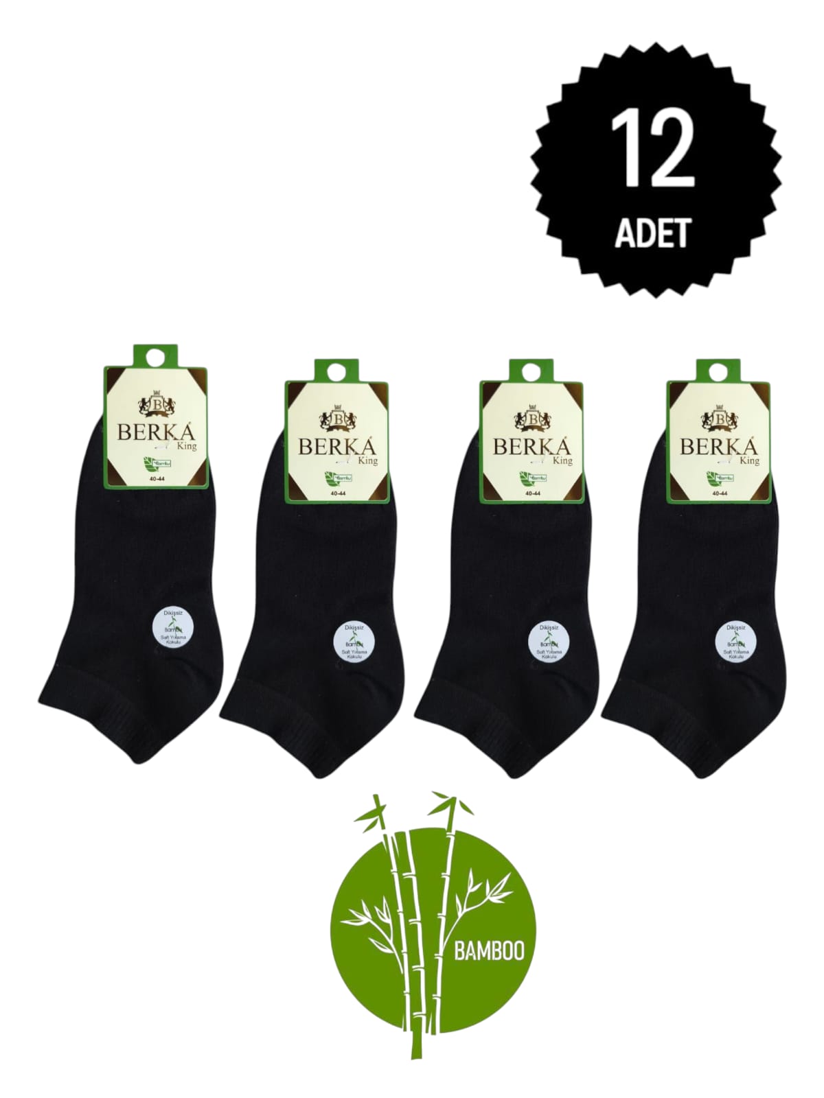Berka Erkek Bambu Patik Çorap Siyah 12'li Paket 40-44