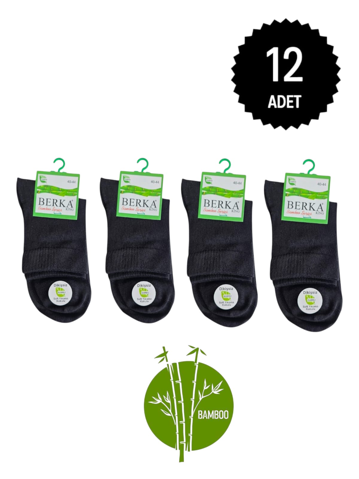 Berka Erkek Bambu Kısa Konç Çorap Siyah 12'li Paket 40-44