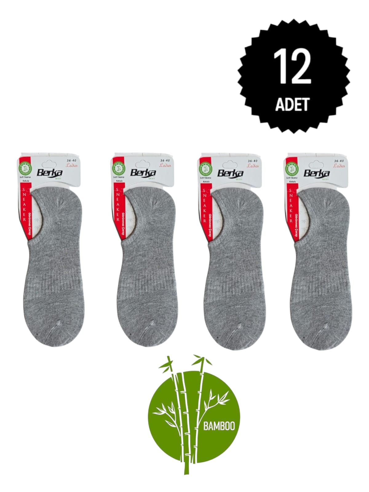 Berka Garson Bambu Sneakers Çorap Gri 12'li Paket 36-40