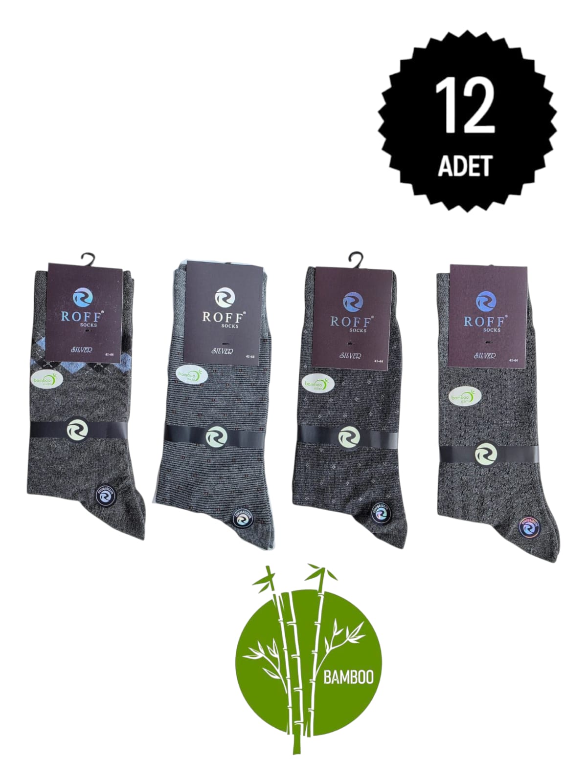 Roff Erkek Bambu Uzun Boğaz Desenli Karışık Çorap 12'li Paket 40-44