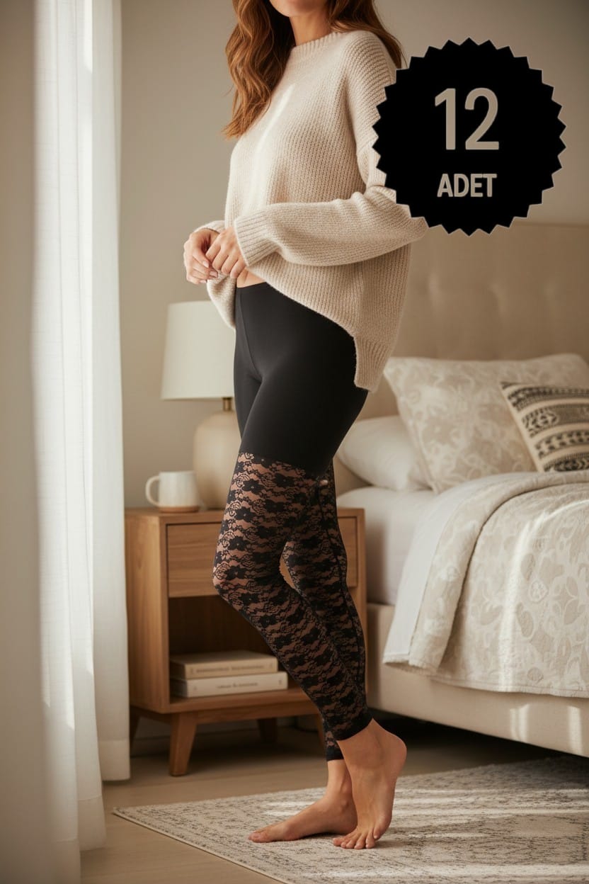 Sıla Sella 119 Kadın Viskon Bacak Güpür Detaylı Siyah Uzun Tayt 12'li Paket