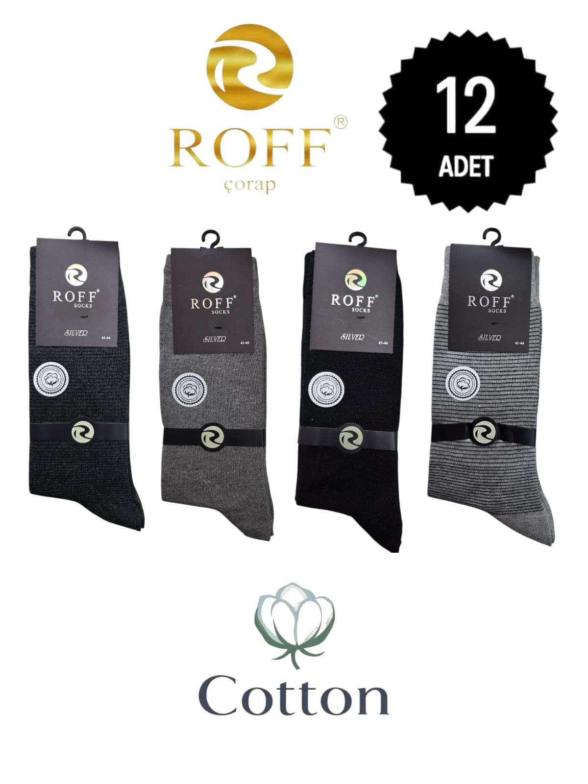 Roff Erkek Pamuklu Dikişsiz Soket Çorap Karışık 12'li Paket (41-44)