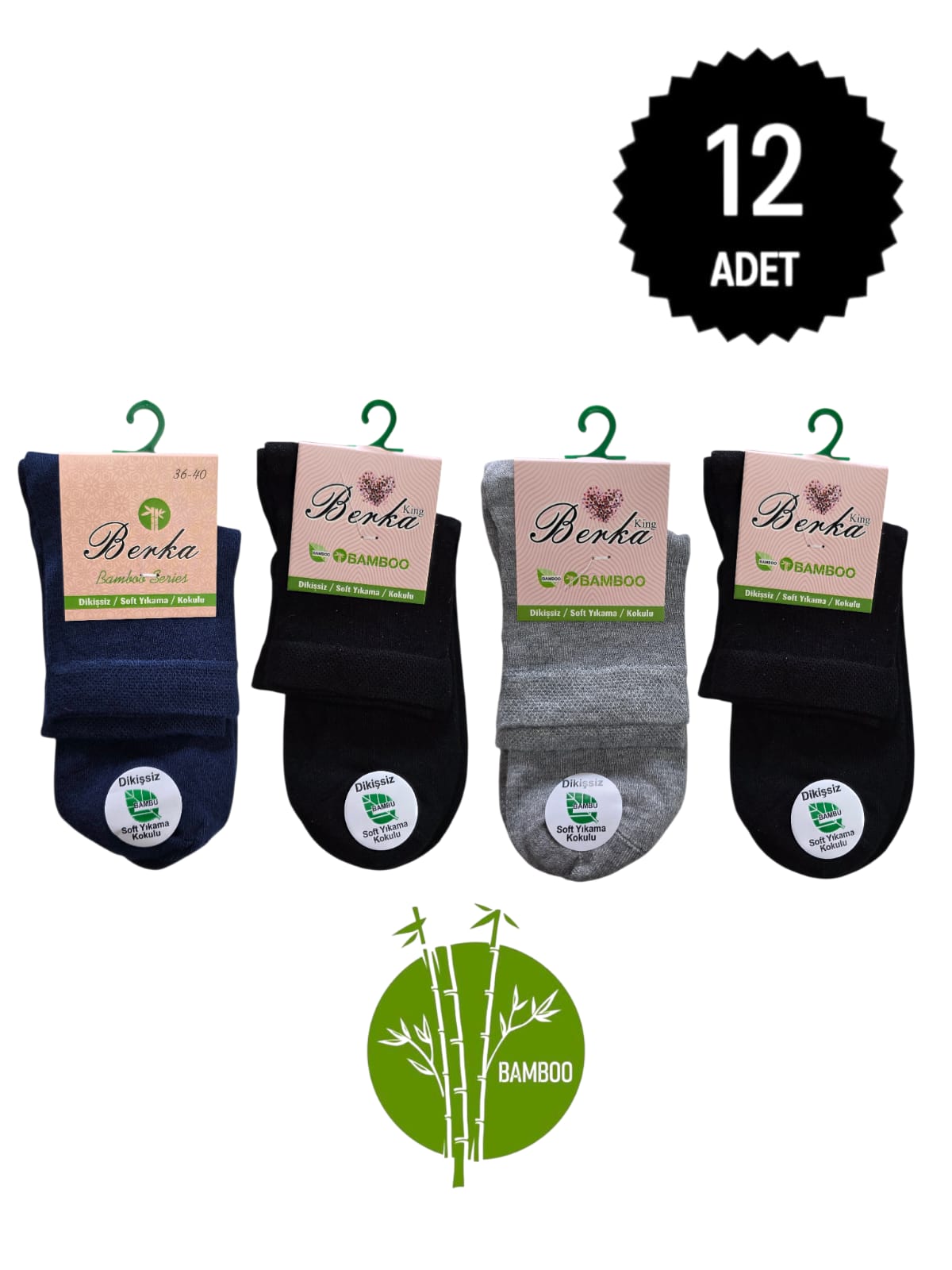 Berka Kadın Bambu Dikişsiz Kısa Konç Çorap Karışık 12'li Paket