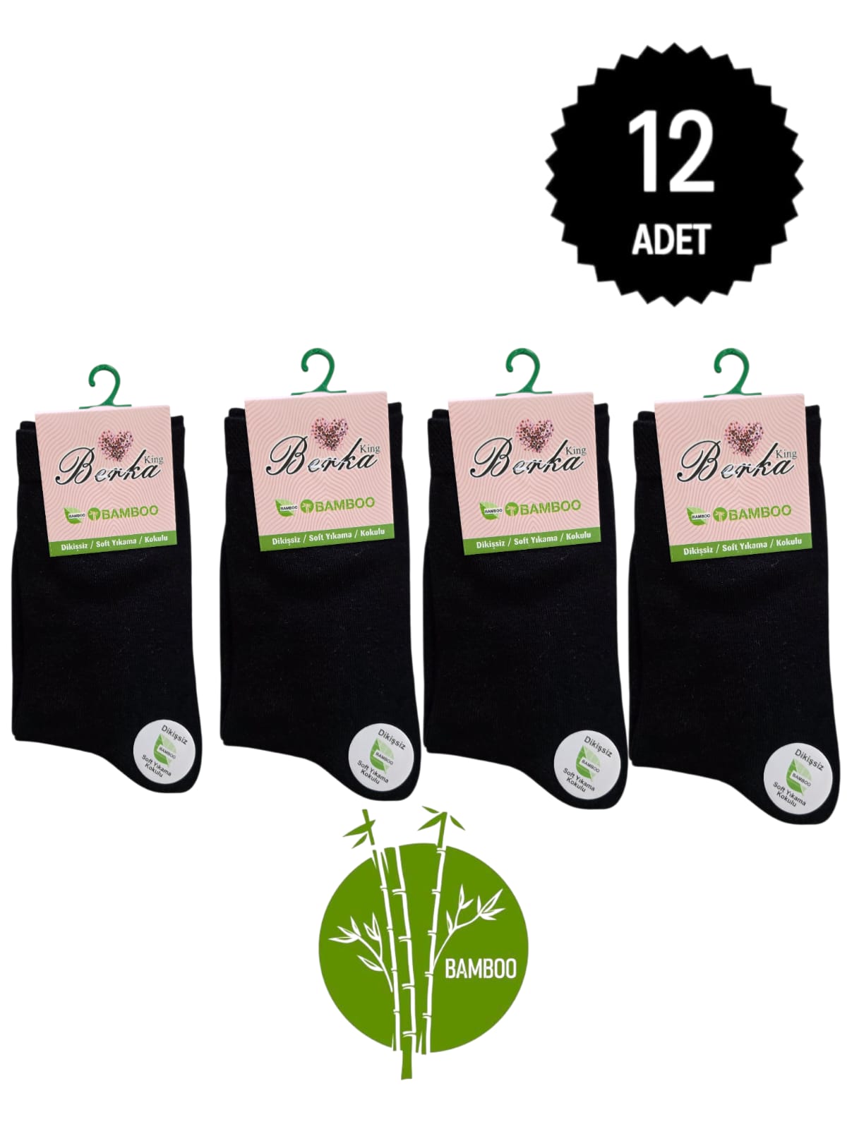 Berka Kadın Bambu Dikişsiz Soket Çorap Siyah 12'li Paket